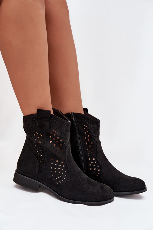 Openwork Women's Ankle Boots Flat Heel Black Amisna