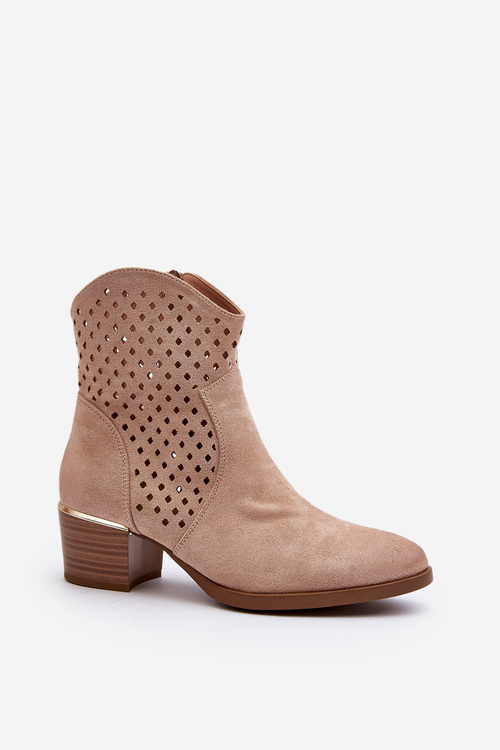 Beige Low Heel Cut Out Ankle Boots Cilvana