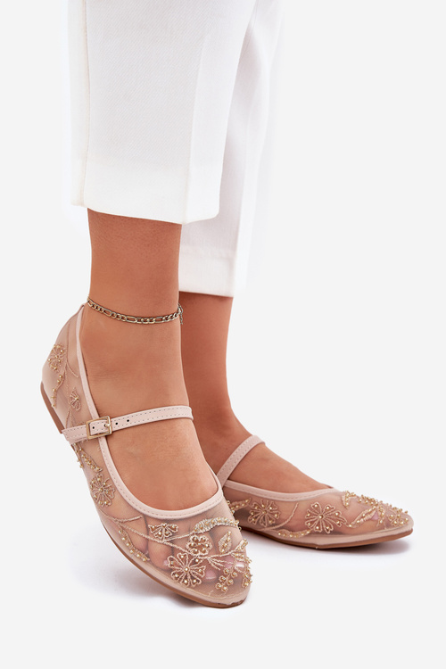Mesh Ballet Flats With Embroidery And Decoration Beige Tillilora