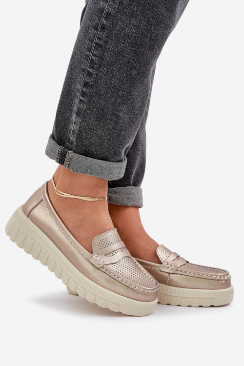 Womens Leather Moccasins On Platform And Wedge Rose Gold Elanindel