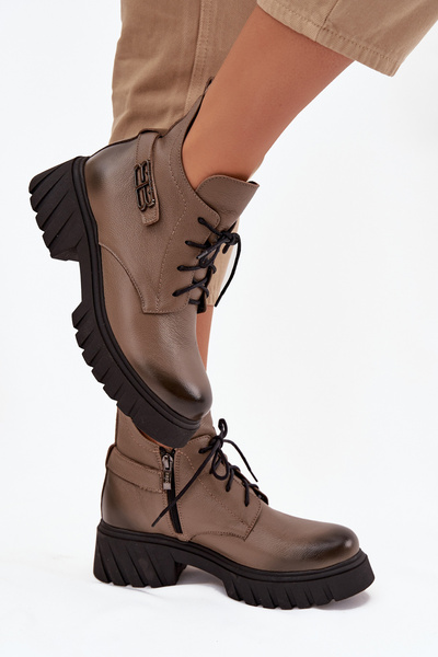 Botki Z Niską Cholewką Ocieplane Damskie Skóra Naturalna Ciemnobeżowe Zazoo 60483