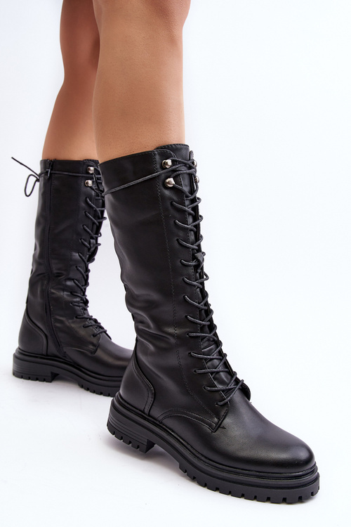 Women's mid-calf lace-up black combat boots Elavettsa