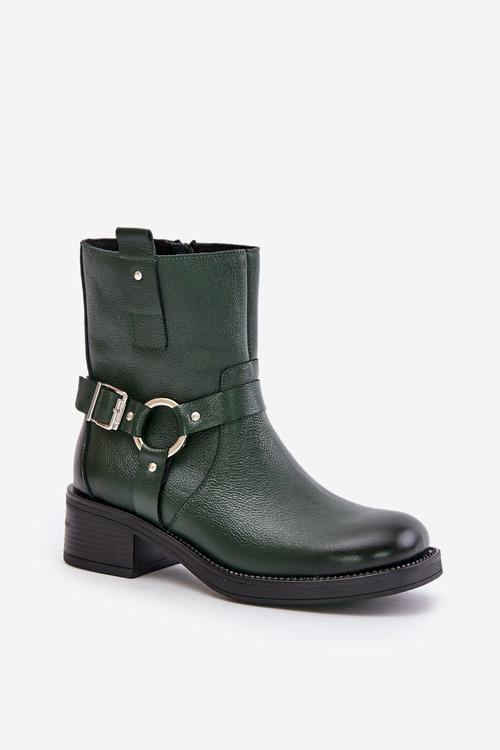 Zazoo 60480 Leather Ankle Boots With Low Heel Insulated Dark Green
