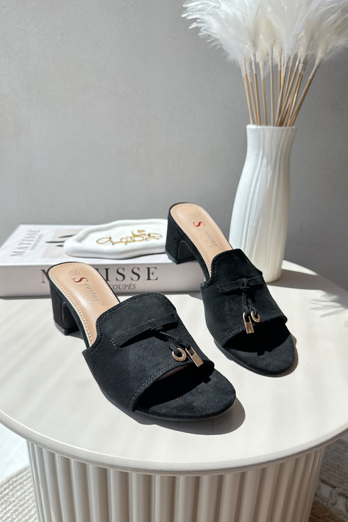 Women's Black Faux Suede Mules with Heel Jemenna