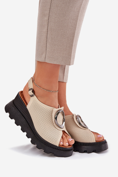 Ladies Leather Wedge Sandals With Decoration Beige Artiker 56C0111