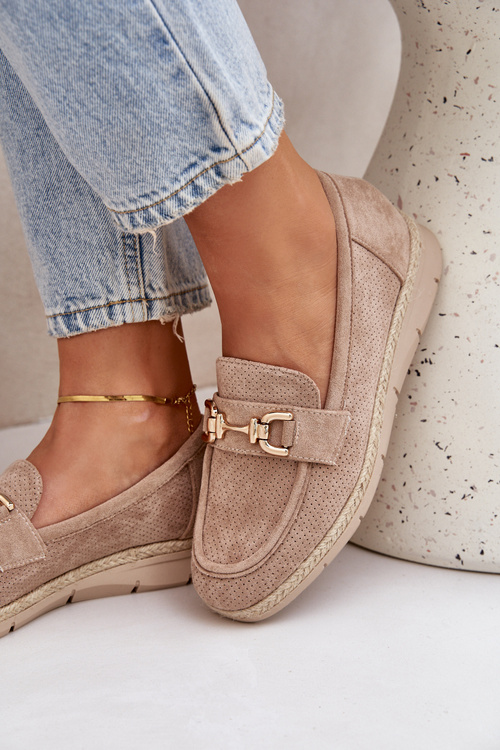 Mokasyny Damskie Ażurowe Jutowa Plecionka Złota Ozdoba Beżowe Lainer