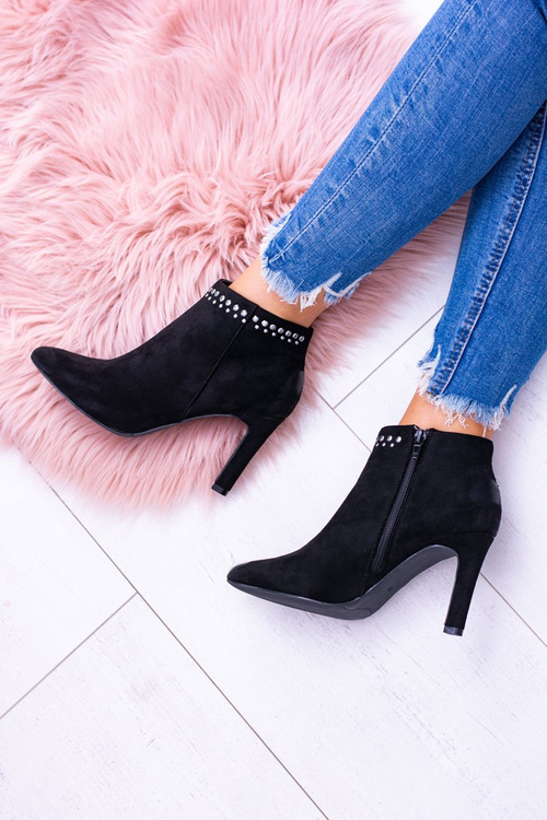 Damskie Czarne Botki Na Szpilce Nity Bemi