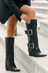 Knee High Wedge Boots with Folded Shaft and Buckles Tamirla