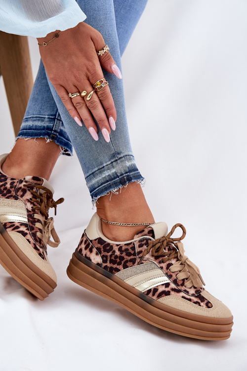 Damskie Sneakersy Z Podwójnym Sznurowaniem Na Platformie Panterka Beżowe Niteria