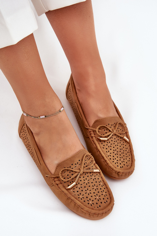 Ladies Moccasins With Perforated Pattern And Lacing Camel Mirisa