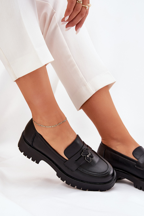 Women's Leather Moccasins With A Teddy Bear Vinceza 18109 Black