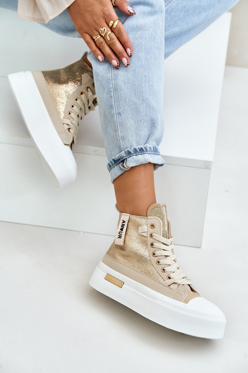 Trampki Damskie Wysokie Platforma Beżowo-Złote Averira