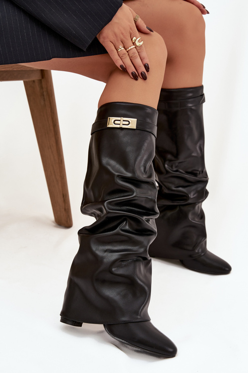 Women's Heeled Boots With Folded Shaft And Gold Detail Black Diorna