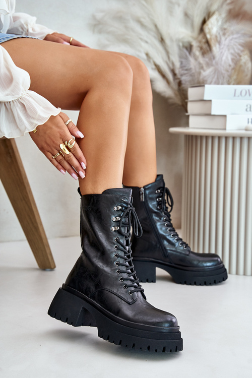 Leather Women's Warm Lined Work Boots GOE OO2N4121 Black