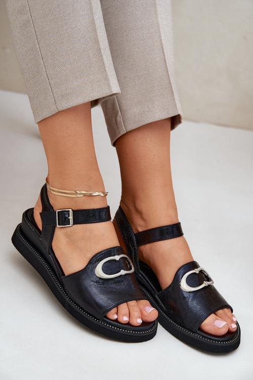 Lacquered Women's Wedge Sandals With Decoration Black Salianes