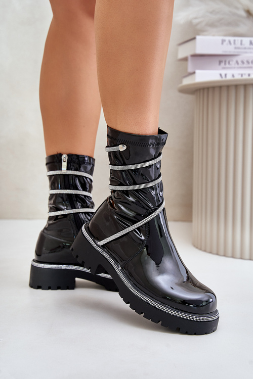 Lacquered Ankle Boots With Decoration Black Kikizelle