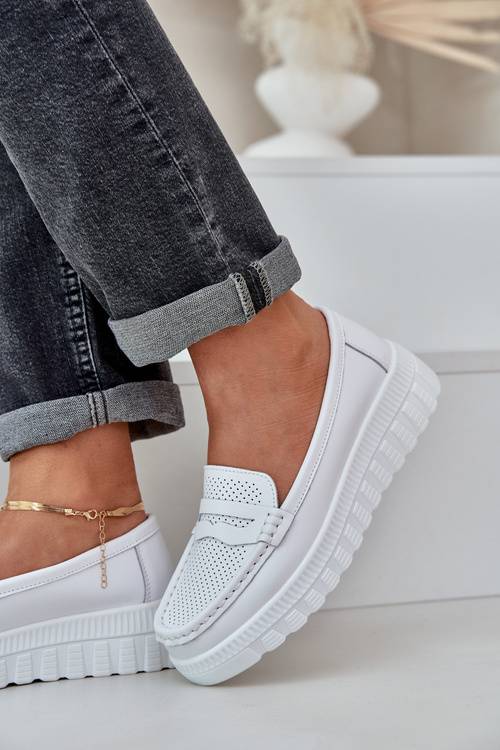 Women's Leather Moccasins On Platform And Wedge White Elanindel