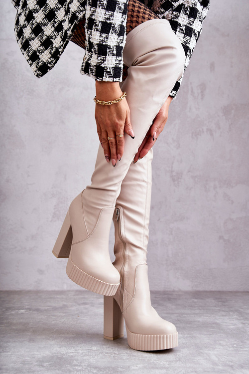 Leather High Boots On Platform Beige Katrina