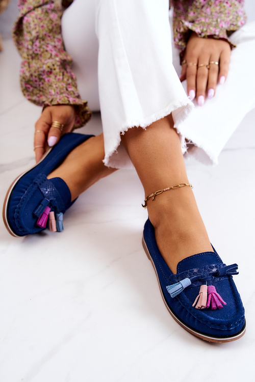 Women's Suede Loafers With Fringes Navy Laressa