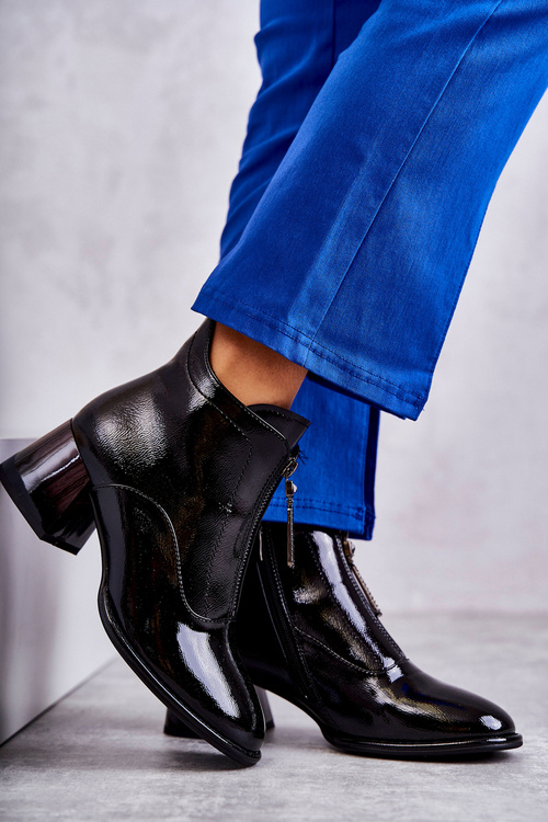 Botki Damskie Lakier Suwak Czarne Cristel