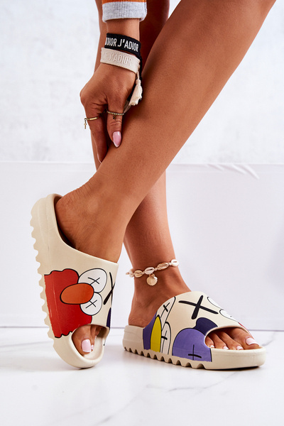 Klapki Gumowe Z Nadrukiem Beżowe Monsters