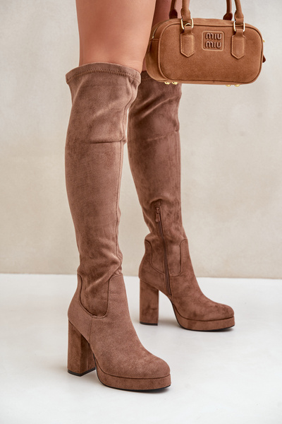 Knee High Platform Heeled Boots Eco Suede Dark Beige Zistaria