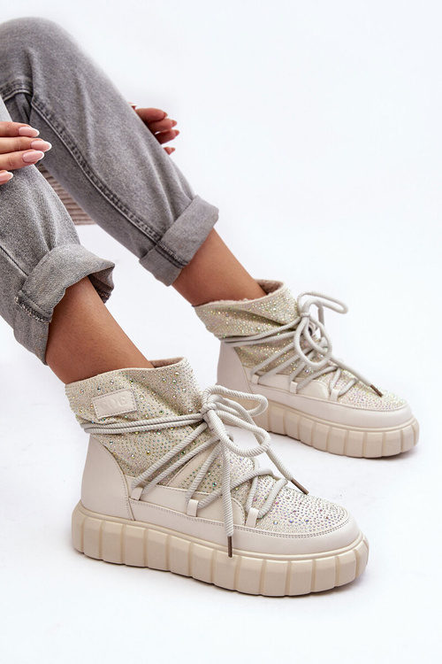 Quilted Snow Boots Embellished with Rhinestones Women's GOE MM2N4081 Beige