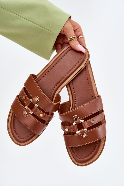 Flat Ladies Sandals With Golden Detail Camel Noroti