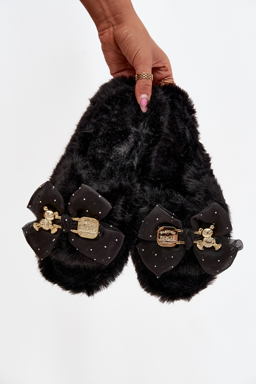 Fur Ladies Slippers With Bow And Golden Decoration Black Nolara
