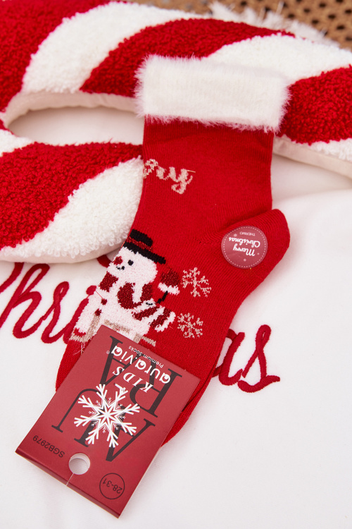 Dziecięce Skarpety Świąteczne Z Bałwanem I Futerkiem Wełna Alpaka Czerwone