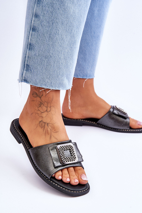 Klapki Damskie Skóra Dżety Ciemnosrebrne S.Barski KV-2775-33