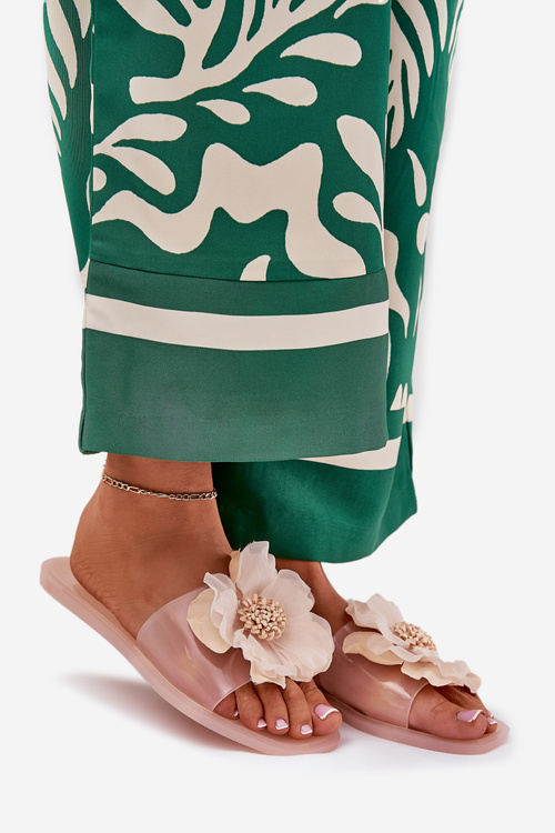 Klapki Damskie Ze Sztucznym Kwiatem Transparentne Płaskie Nude Vobetta