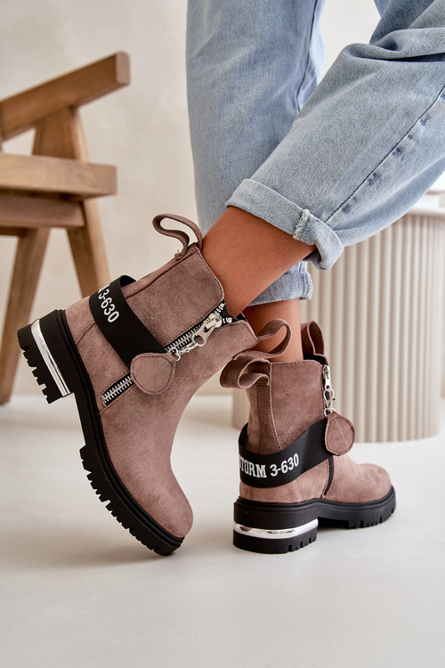 Warm Ladies Ankle Boots With Zipper Dark Beige Calvaro