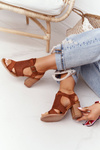 Openwork Sandals On A Block Heel Camel Hey Lover