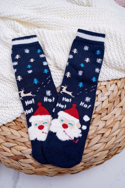 Women's Christmas Socks Anti-Slip Navy Blue with Santa Claus