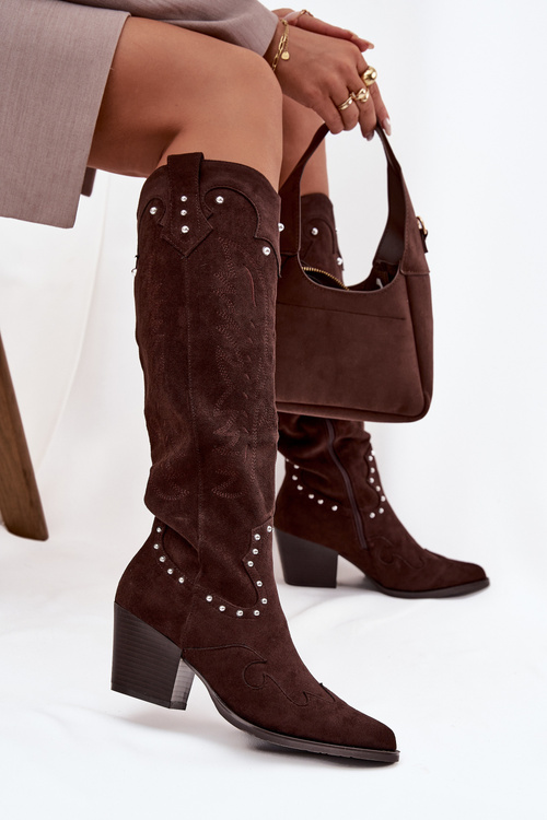 Women's Leather Cowboy Boots With Decoration On The Heel Chocolate Darella