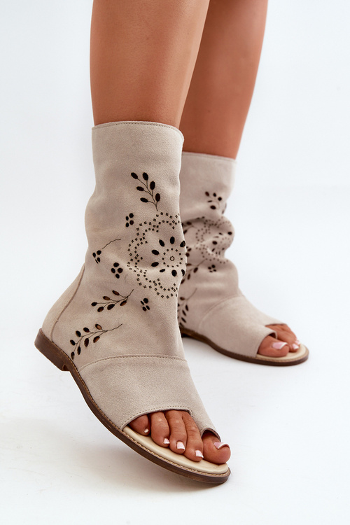 Zazoo 3437 Women's Suede Sandals With Zipper Shaft Beige