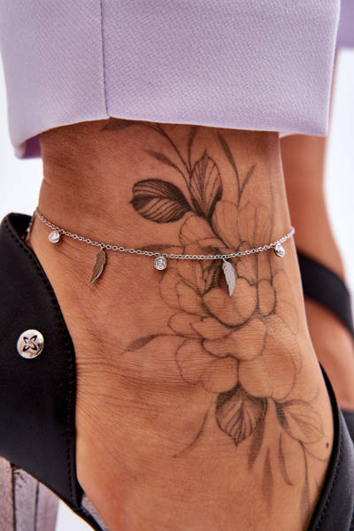 Leg Bracelet With Feathers And Cubic Zirconia Silver