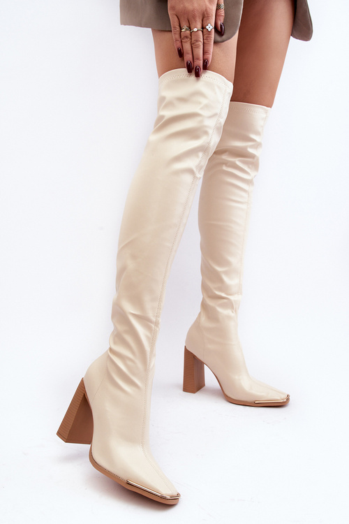 Women's Over-the-Knee Boots with Block Heel Beige Orcella