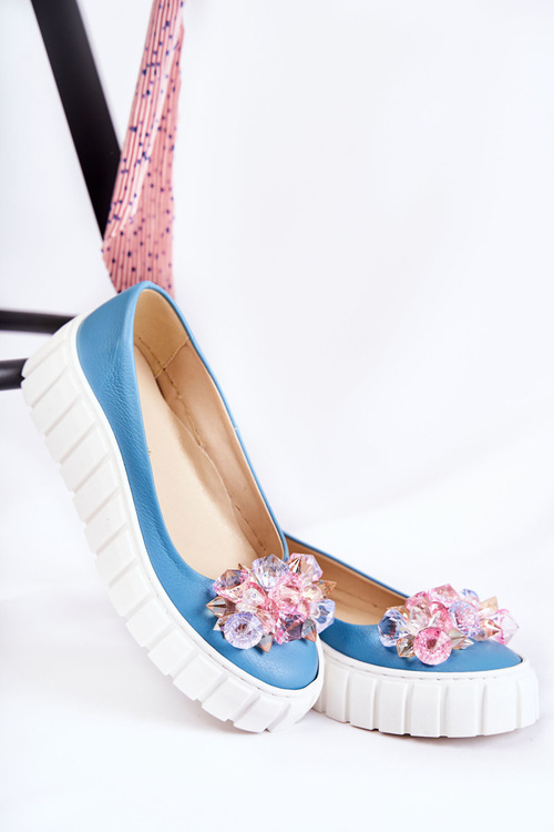 Leather Ballerinas On A Platform With A Ornament Blue and White Ladette