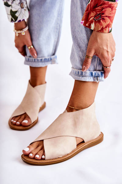Women's Leather Sandals Broad Foot Beige Catalise