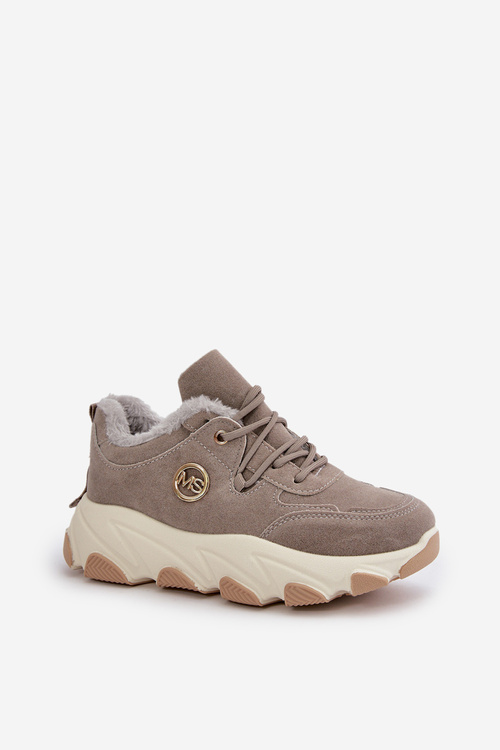 Buty Sportowe Sznurowane Damskie Ocieplane Na Platformie Szare Bialoa