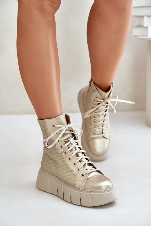 Botki Na Platformie Skóra Naturalna Złote Maciejka 06751-25