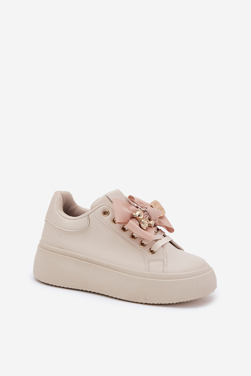 Women's Sneakers With Bow And Brooch With Bear Beige Leathria