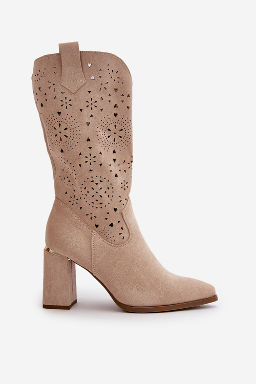 Botki Damskie Ażurowe Obcas Słupek Eko Zamsz Noski W Szpic Beżowe Nevithra