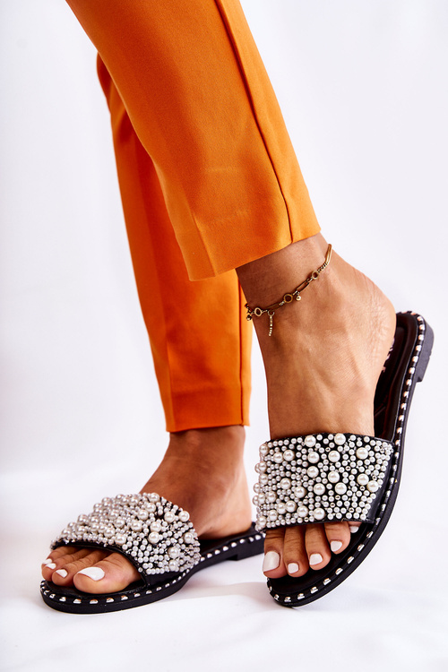 Klapki Damskie Ozdobne Perełki Czarne Vamero