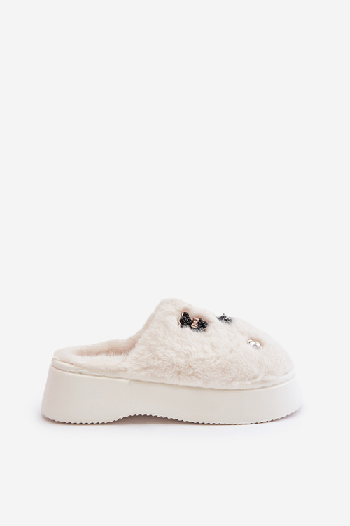 Kapcie Z Przypinkami Futrzane Na Grubej Podeszwie Jasnobeżowe Zintoria