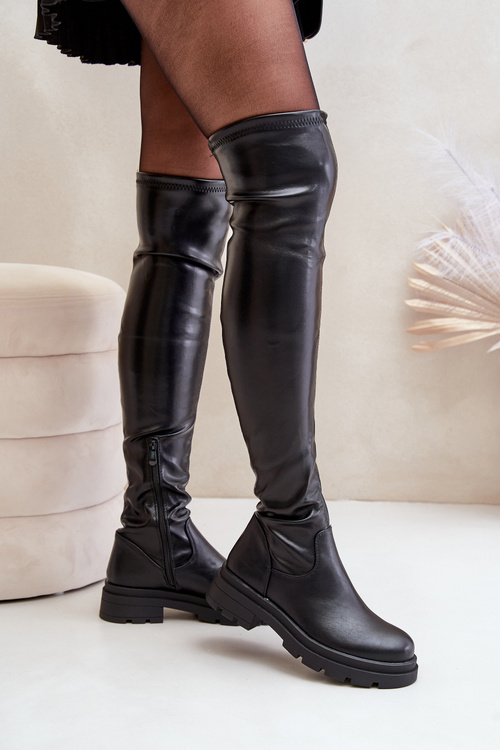 Eco Leather Knee High Boots With Flat Heel Black Santira