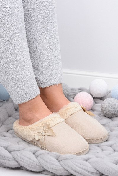 Klapki Damskie Z Futerkiem I Kokardką SOXO Beżowe