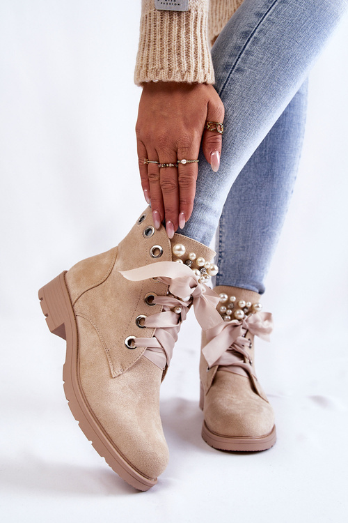Suede insulated boots with a zipper with pearls beige Raiso